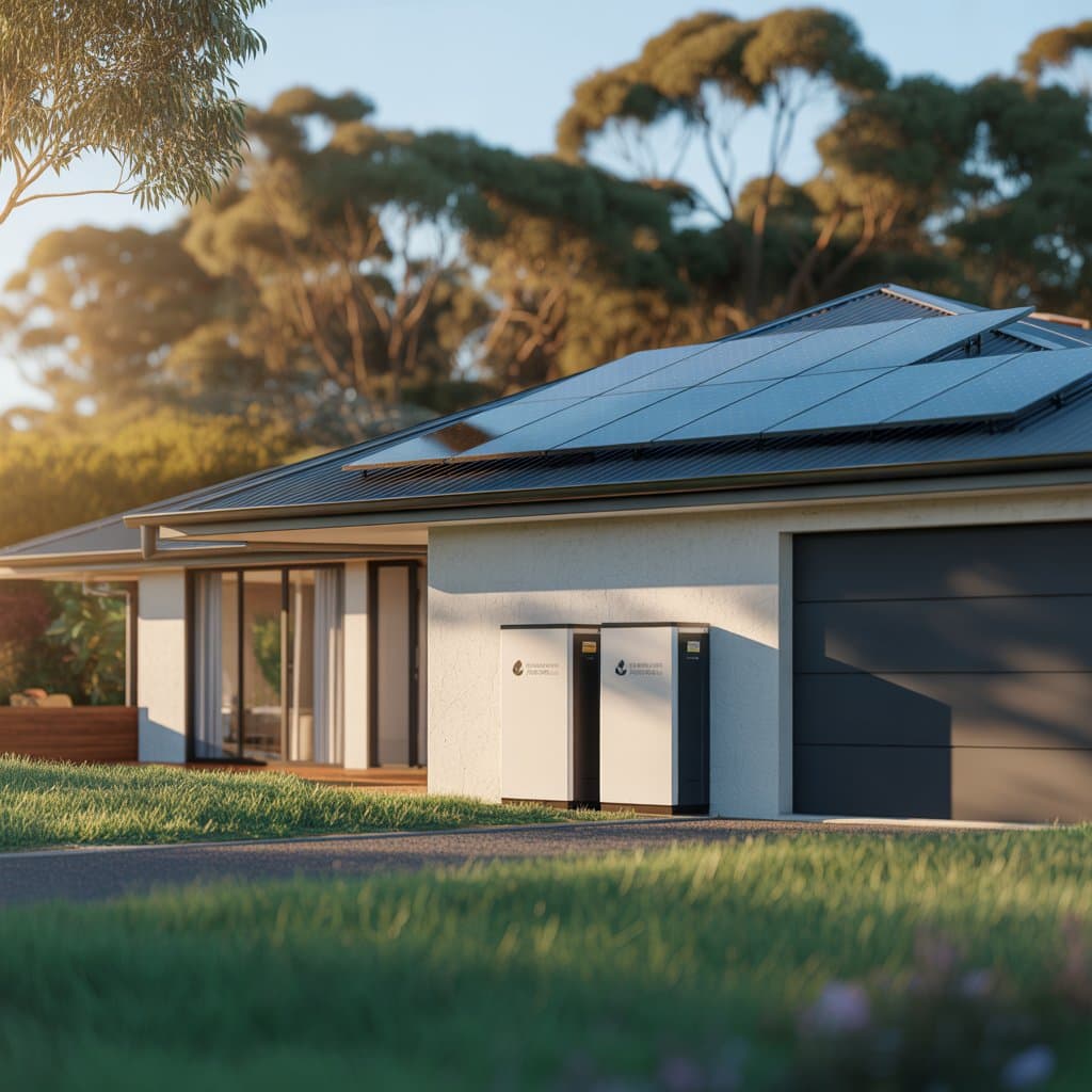 Modern Australian home with rooftop solar panels and wall-mounted battery storage at golden hour